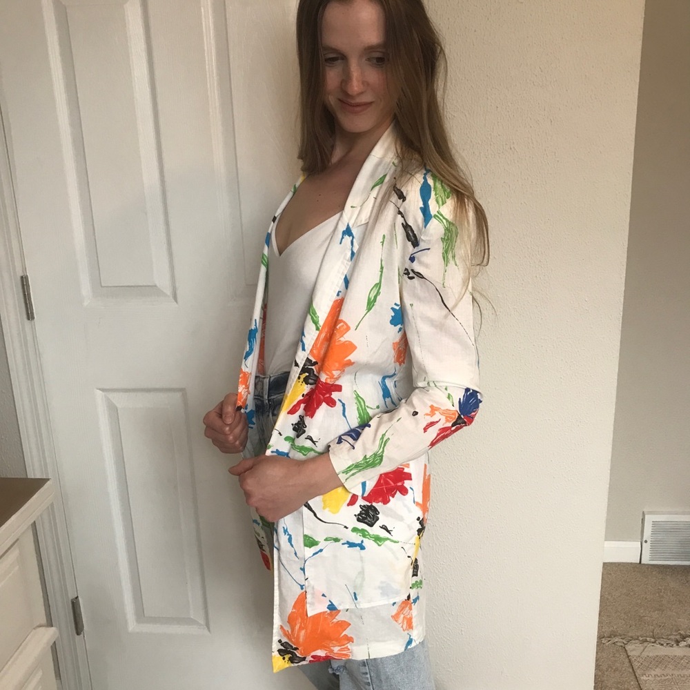 Vintage 80s Blazer, Jacket, Union Label, White with Bright Floral Pattern, 1980s